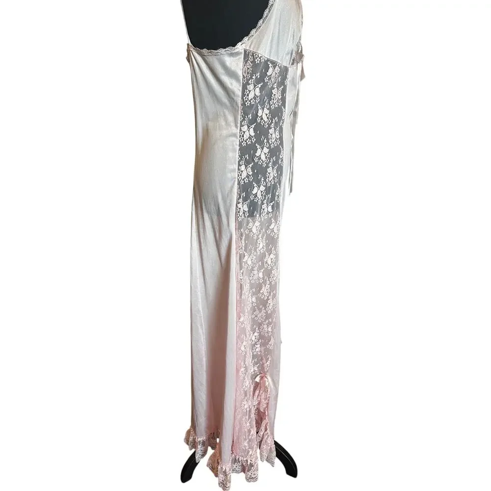Pink Satin Lace Maxi Nightgown Floral Rosette 58 S Vintage